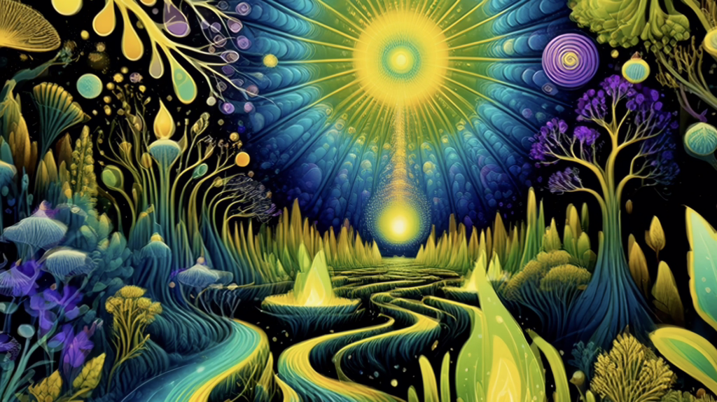 Psychedelic screensaver for shroom trips with radiant golden sun rising over a luminous fractal river